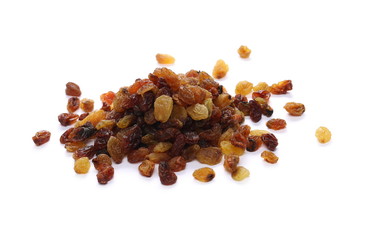 Pile of raisins isolated on white background