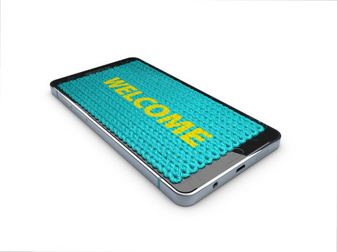 smartphone in style carpet with word welcome, 3d illustration