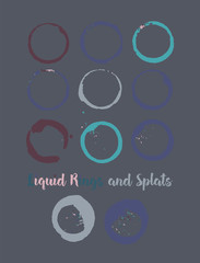 Coffee Rings and Splats. Vector Vintage Coffee Shop Logo Stamp. Colorful Water Splatter. Round Borders, Frames, Cup, Mug Stains, Liquid Coffee Rings, Watercolor Splats. Dark Grey, Orange, Blue Frames