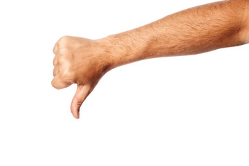 Male hand close-up on white background shows hand gesture, finger down. Isolate.