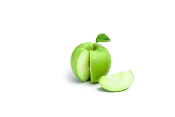 Ripe green apple with leaf and slice isolated on a white background with clipping path