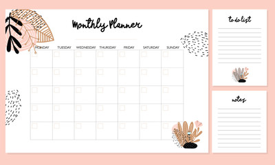 Cute Monthly Planner with flowers, to do list, notes, printable, vector - obrazy, fototapety, plakaty