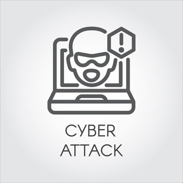 Cyber attack line icon. Virtual hacking PC, laptop and software linear label. Image of abstract face from monitor and exclamation point. Vector illustration