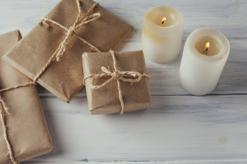Christmas gift packs with rustic background.