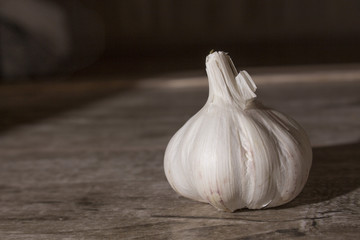 head of garlic closeup on a wooden table