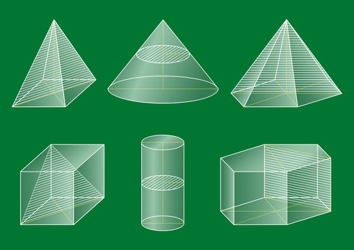 3d basic shapes. Prism, cube, pyramid, cone, cylinder. Cross-section.