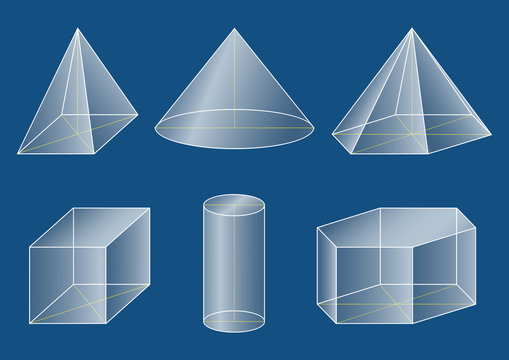 3d basic shapes. Prism, cube, pyramid, cone, cylinder.