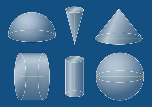 3d basic shapes. Sphere, hemisphere, cone, cylinder. Rotating figures.
