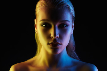 woman in colorful bright lights