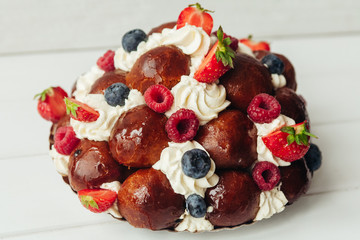 beautiful cake with cream and fruits