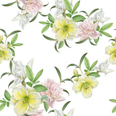 Floral seamless pattern with lily, peony and iris