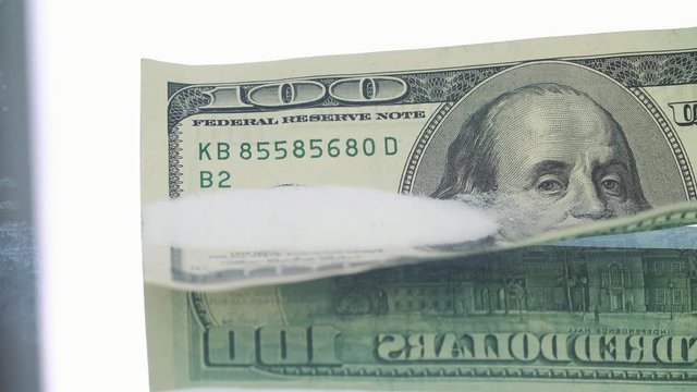 Cocaine powder on the one hudred dollar bank notes 