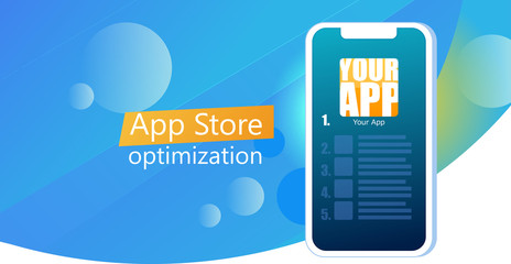 App store optimization banner. Mobile Application Marketing. Phone with a graph of growth up. Growing statistics