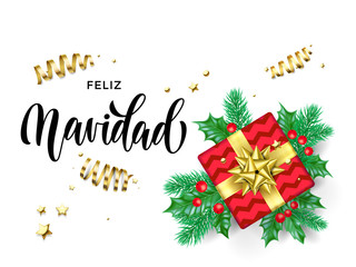 Feliz Navidad Spanish Merry Christmas holiday hand drawn quote calligraphy greeting card background template. Vector Christmas tree holly wreath decoration, golden gift or ribbon confetti white design