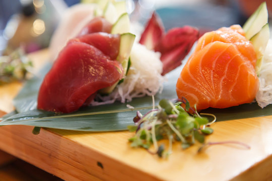 Hirame sashimi,salmon sashimi and tuna sashimi dish