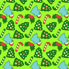 Christmas and New Year pattern with sweets, decortation and snowmen.