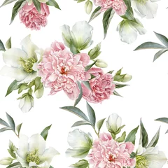 Fotobehang Floral seamless pattern with peonies and hellebore © lesia_a