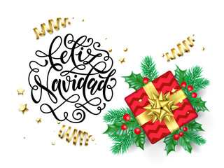 Feliz Navidad Spanish Merry Christmas hand drawn calligraphy for holiday greeting card background template. Vector Christmas tree holly wreath decoration, golden gift ribbon confetti white design