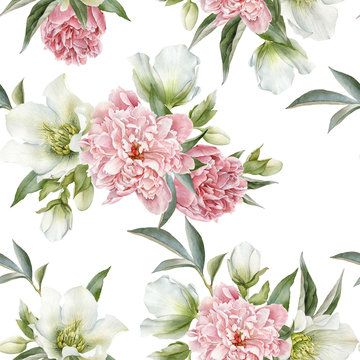 Fototapeta Floral seamless pattern with peonies and hellebore