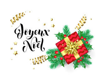 Fototapeta na wymiar Joyeux Noel Merry Christmas French trendy quote calligraphy on white premium background for winter holiday design template. Vector Christmas tree holly wreath decoration in golden ribbon gift confetti