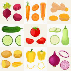 Vegetables set. Cucumber, tomato, potato, carrot, turmeric, pepper, zucchini, onion, beetroot. Cartoon flat style. Vector