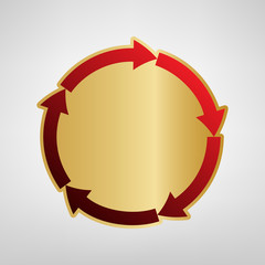 Circular arrows sign. Vector. Red icon on gold sticker at light gray background.