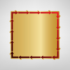 Arrow on a square shape. Vector. Red icon on gold sticker at light gray background.