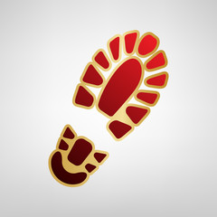 Footprint boot sign. Vector. Red icon on gold sticker at light gray background.