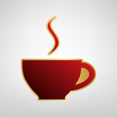 Cup sign with one small stream of smoke. Vector. Red icon on gold sticker at light gray background.