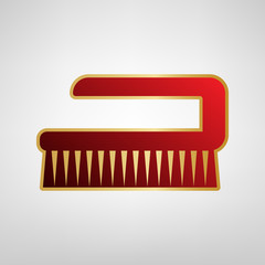 Cleaning brush hygiene tool sign. Vector. Red icon on gold sticker at light gray background.