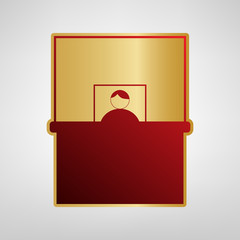 Information Desk sign. Vector. Red icon on gold sticker at light gray background.