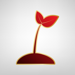 Sprout sign illustration. Vector. Red icon on gold sticker at light gray background.