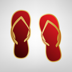 Flip flop sign. Vector. Red icon on gold sticker at light gray background.