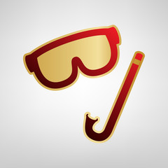 Diving mask sign. Vector. Red icon on gold sticker at light gray background.