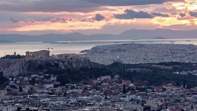 4k time lapse of acropolis and part of athens, day to night