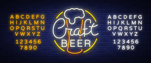 Original logo design is a neon-style beer craft for a beer house, bar pub, brewery brewery tavern, stuffing, pub, restaurant. Night beer advertising, neon glowing bright sign. Editing text neon sign