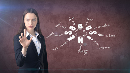 Creative business concept, woman pushing invisible button on painted background near management...