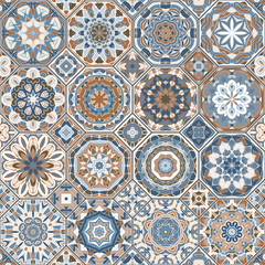 Vector collection of square and octagonal seamless patterns in Oriental style. A set of multicolor tiles.