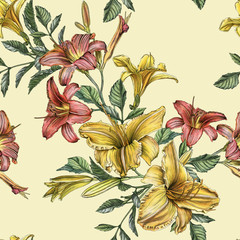 Floral seamless pattern with watercolor daylilies