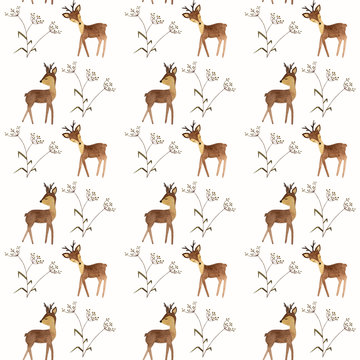 Watercolor pattern with deer on white background