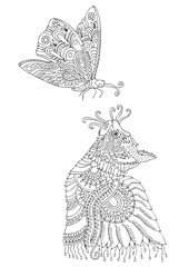 Kitten watches butterfly. Hand drawn picture. Sketch for anti-stress adult coloring book in zen-tangle style. Vector illustration  for coloring page.