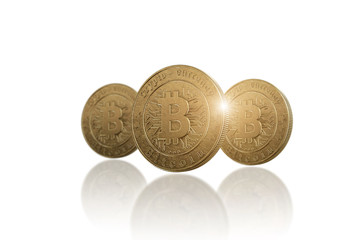 Gold coin Bitcoin on white background. The concept of crypto currency. blockchain technology.