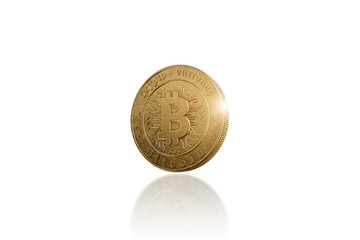 Gold coin Bitcoin on white background. The concept of crypto currency. blockchain technology.