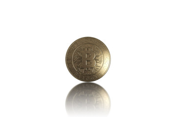 Gold coin Bitcoin on white background. The concept of crypto currency. blockchain technology.