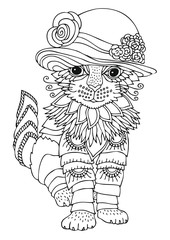 Cat in a hat. Hand drawn picture. Sketch for anti-stress adult coloring book in zentangle style. Vector illustration for coloring page.