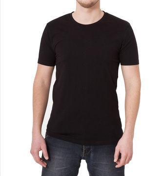 Young man wearing blank t-shirt isolated on white background. Copy space. Place for advertisement. Front view
