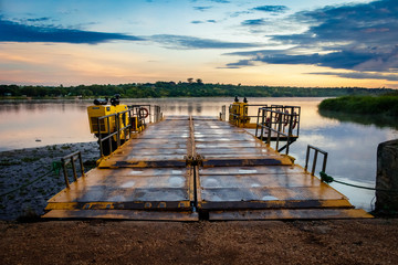 Early morning ferry crossing over the Nile in Murchison Falls national park in Uganda. Too bad this place is endangered by oil drilling companies