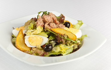 Tuna salad with lettuce,eggs and black olives