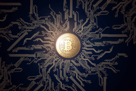 Gold coin Bitcoin on a black background. The concept of crypto currency. blockchain technology.