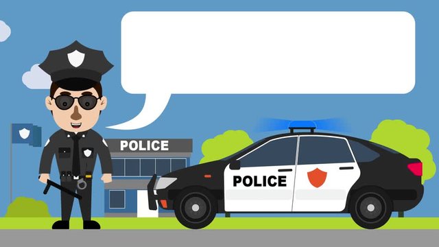 The animation of the police forms of speech clouds. The police flat design. The COP says amid a police station and cars
